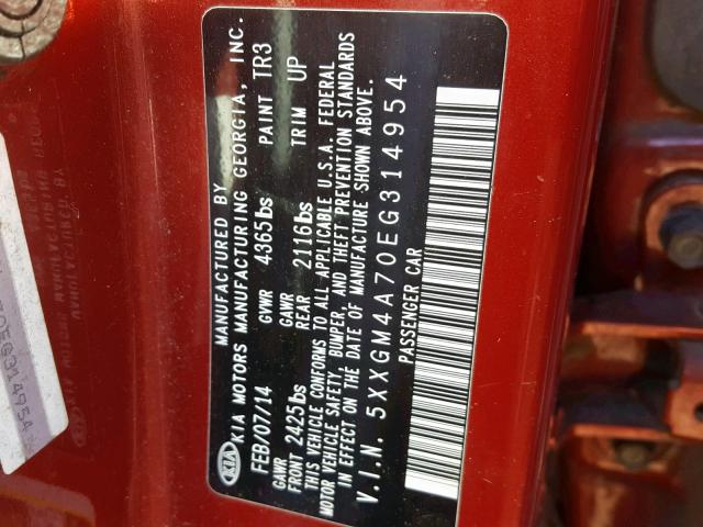 5XXGM4A70EG314954 - 2014 KIA OPTIMA LX RED photo 10