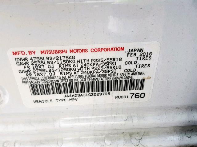 JA4AD3A31GZ029705 - 2016 MITSUBISHI OUTLANDER 白色 照片 10