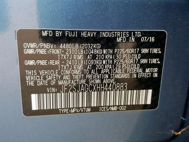 JF2SJAGCXHH440883 - 2017 SUBARU FORESTER 2 BLUE photo 10