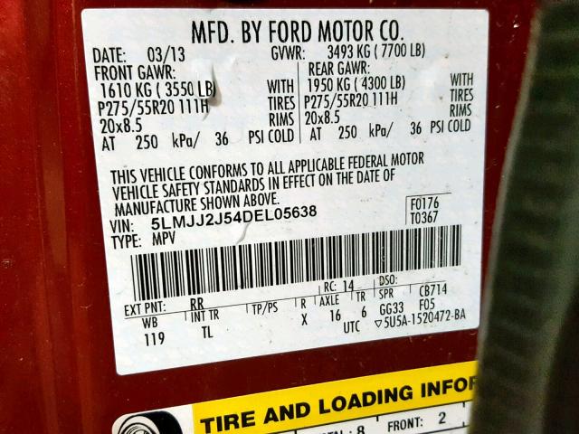 5LMJJ2J54DEL05638 - 2013 LINCOLN NAVIGATOR RED photo 10