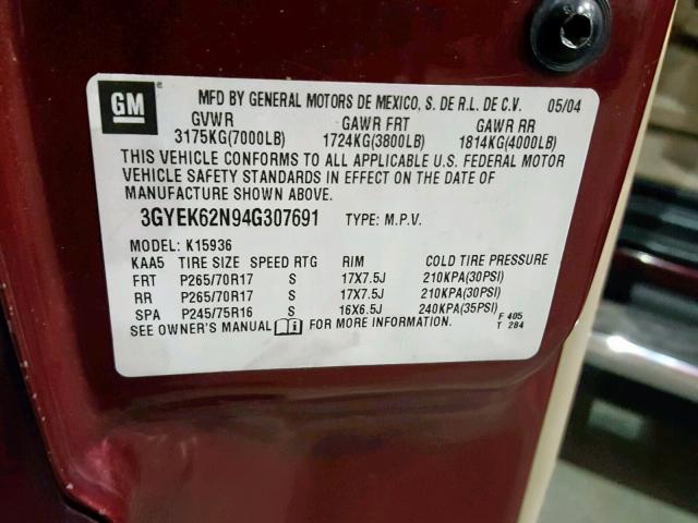 3GYEK62N94G307691 - 2004 CADILLAC ESCALADE E RED photo 10