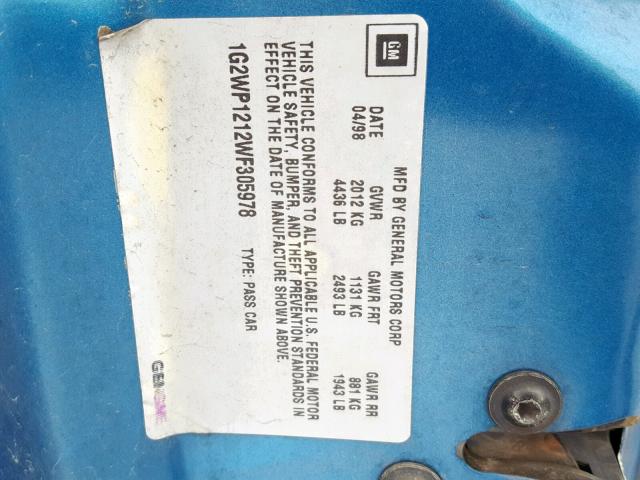 1G2WP1212WF305978 - 1998 PONTIAC GRAND PRIX BLUE photo 10
