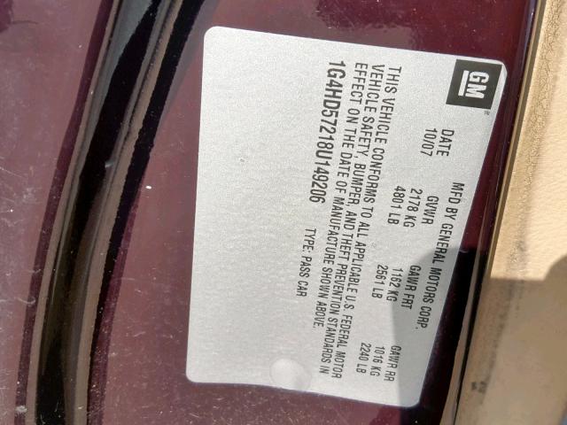 1G4HD57218U149206 - 2008 BUICK LUCERNE CX BURGUNDY photo 10