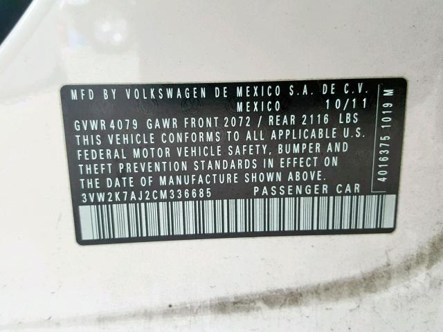 3VW2K7AJ2CM336685 - 2012 VOLKSWAGEN JETTA BASE Սպիտակ լուսանկար 10