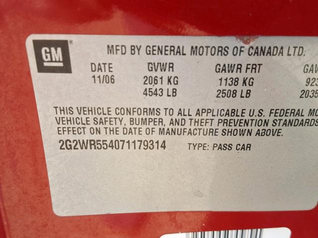 2G2WR554071179314 - 2007 PONTIAC GRAND PRIX RED photo 10