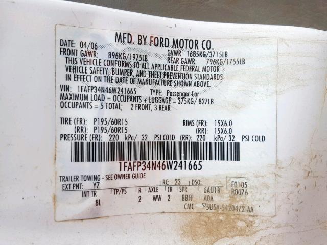 1FAFP34N46W241665 - 2006 FORD FOCUS ZX4 WHITE photo 10