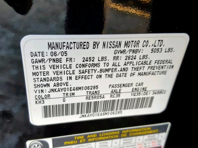 JNKAY01E46M106295 - 2006 INFINITI M35 BASE BLACK photo 10