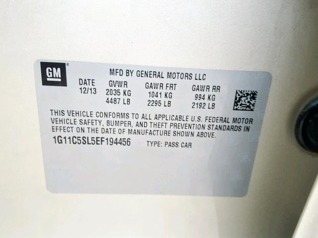 1G11C5SL5EF194456 - 2014 CHEVROLET MALIBU 1LT CREAM photo 10