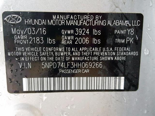 5NPD74LF3HH069266 - 2017 HYUNDAI ELANTRA SE SILVER photo 10