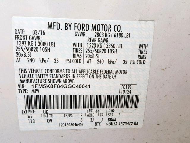 1FM5K8F84GGC46641 - 2016 FORD EXPLORER L WHITE photo 10