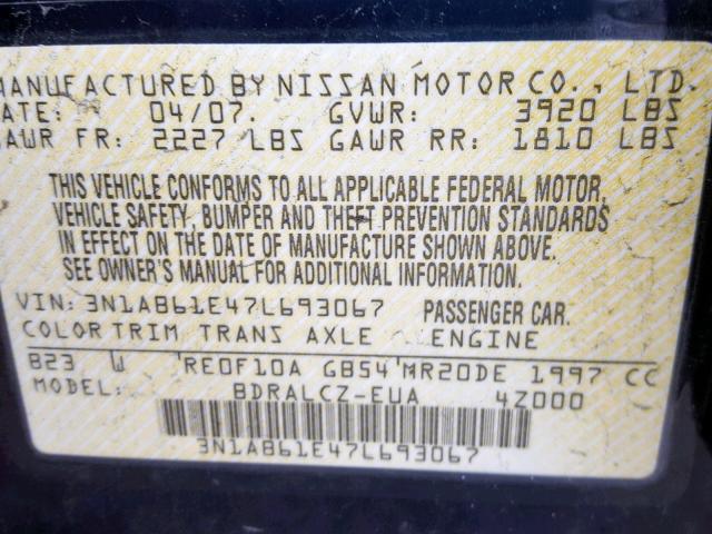 3N1AB61E47L693067 - 2007 NISSAN SENTRA 2.0 BLUE photo 10