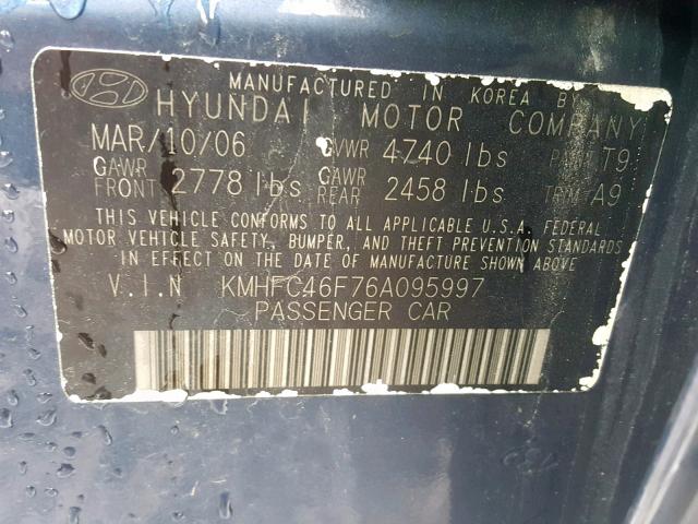 KMHFC46F76A095997 - 2006 HYUNDAI AZERA SE BLUE photo 10