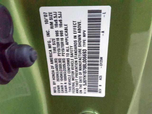 5J6YH18798L006693 - 2008 HONDA ELEMENT EX GREEN photo 10