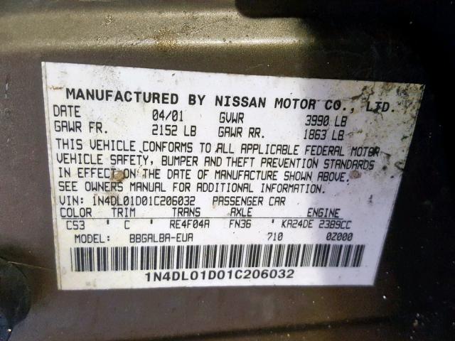 1N4DL01D01C206032 - 2001 NISSAN ALTIMA XE BROWN photo 10