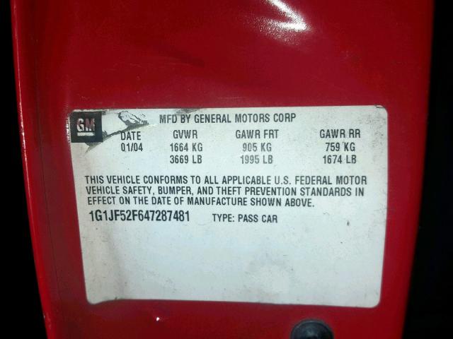 1G1JF52F647287481 - 2004 CHEVROLET CAVALIER L RED photo 10