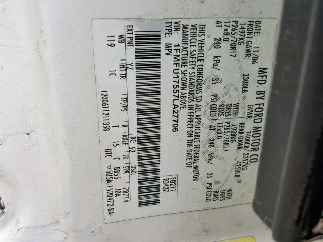 1FMFU17557LA27706 - 2007 FORD EXPEDITION თეთრი ფოტო 10