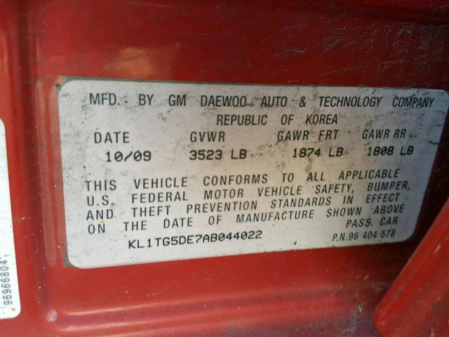 KL1TG5DE7AB044022 - 2010 CHEVROLET AVEO LT 红色 照片 10