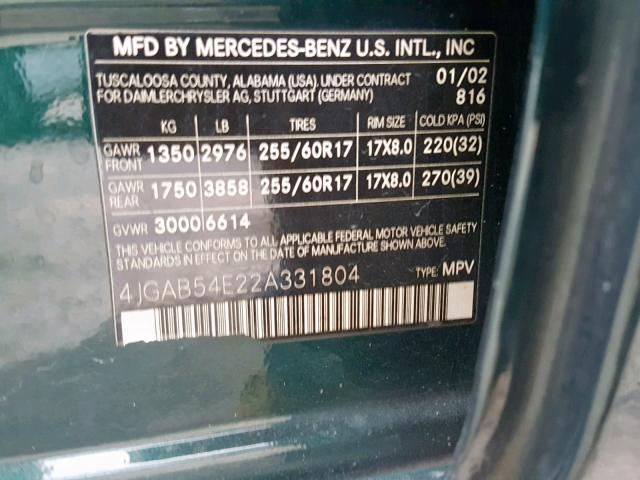 4JGAB54E22A331804 - 2002 MERCEDES-BENZ ML 320 GREEN photo 10