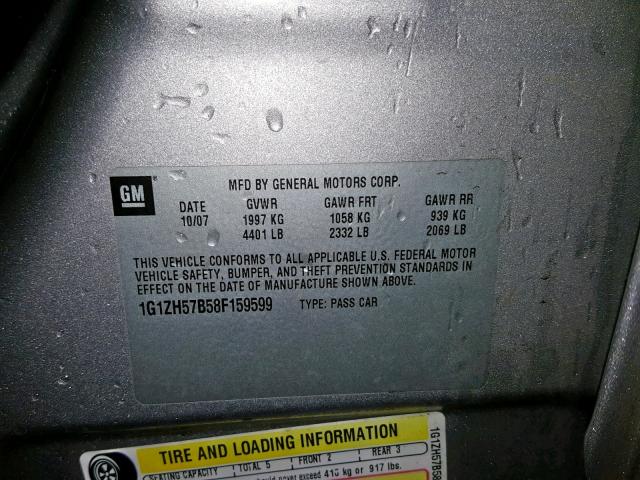 1G1ZH57B58F159599 - 2008 CHEVROLET MALIBU 1LT 银色 照片 10