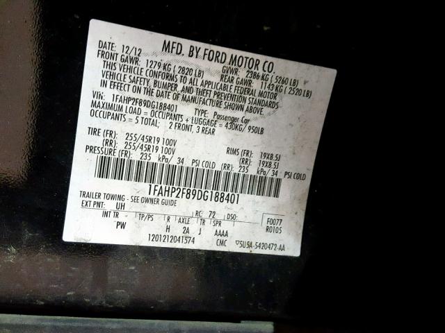 1FAHP2F89DG188401 - 2013 FORD TAURUS LIM BLACK photo 10