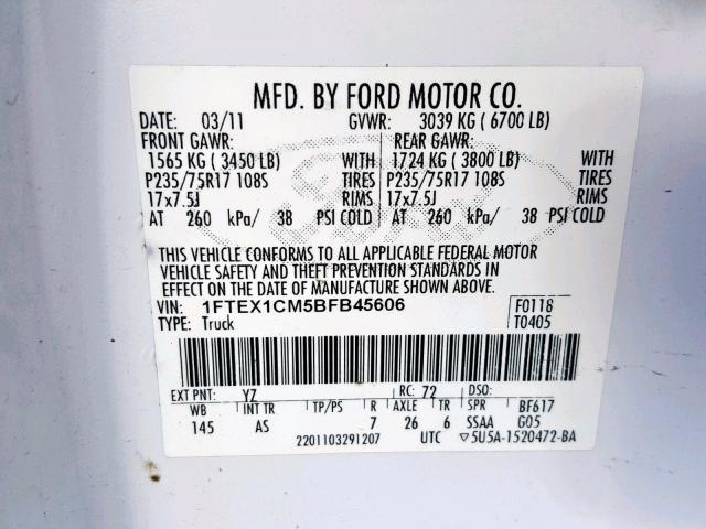 1FTEX1CM5BFB45606 - 2011 FORD F150 SUPER WHITE photo 10