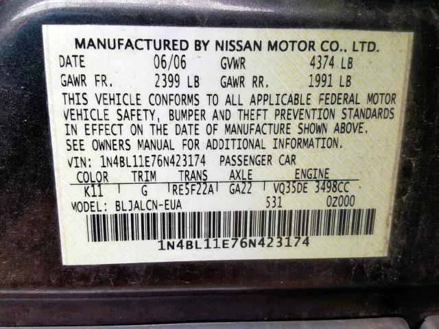 1N4BL11E76N423174 - 2006 NISSAN ALTIMA SE GRAY photo 10