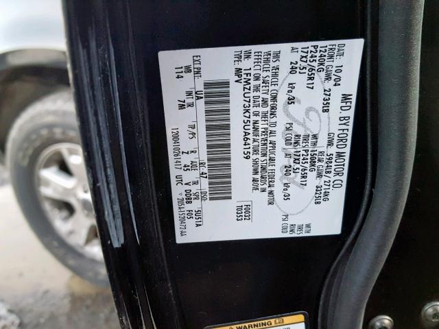 1FMZU73K75UA64159 - 2005 FORD EXPLORER X 黑色 照片 10