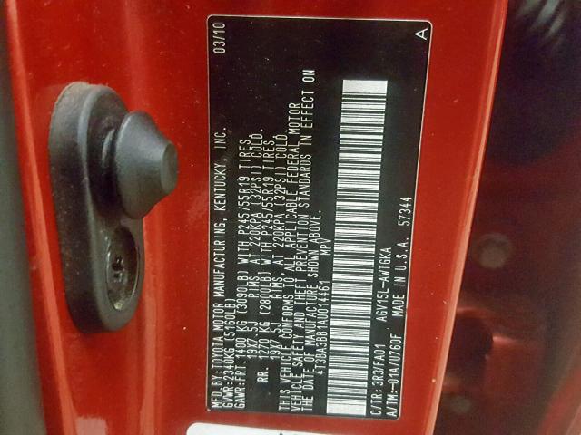 4T3BA3BB1AU014461 - 2010 TOYOTA VENZA BASE RED photo 10