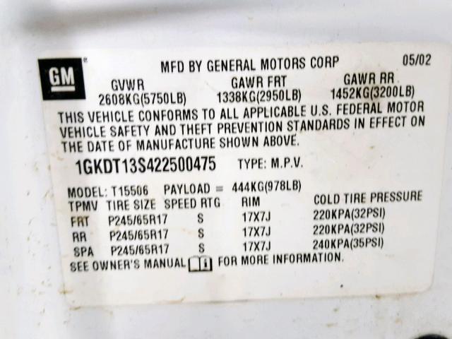 1GKDT13S422500475 - 2002 GMC ENVOY WHITE photo 10