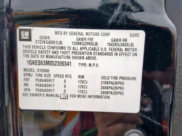 1GKES63M052309341 - 2005 GMC ENVOY DENA BLACK photo 10