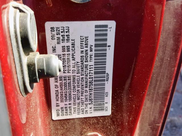 5J6YH18758L017111 - 2008 HONDA ELEMENT EX RED photo 10