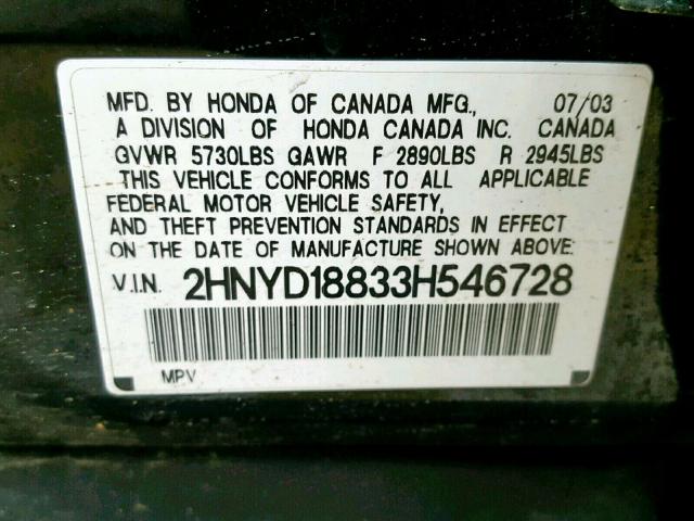 2HNYD18833H546728 - 2003 ACURA MDX TOURIN BLACK photo 10