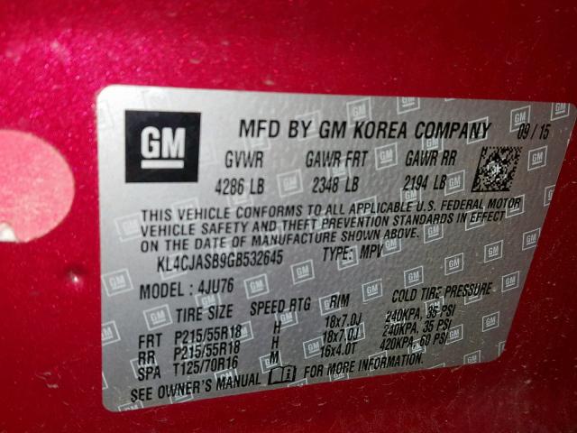 KL4CJASB9GB532645 - 2016 BUICK ENCORE RED photo 10