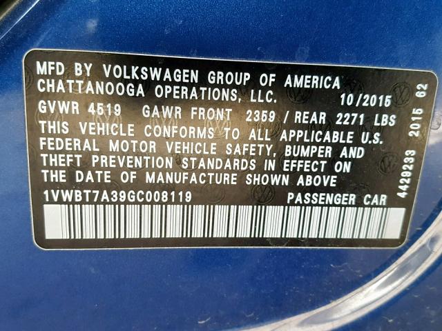 1VWBT7A39GC008119 - 2016 VOLKSWAGEN PASSAT SE BLUE photo 10