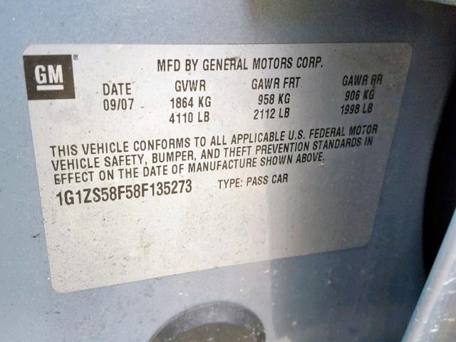 1G1ZS58F58F135273 - 2008 CHEVROLET MALIBU LS GRAY photo 10