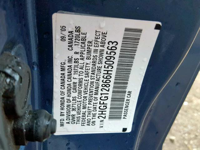 2HGFG12866H509563 - 2006 HONDA CIVIC EX BLUE photo 10