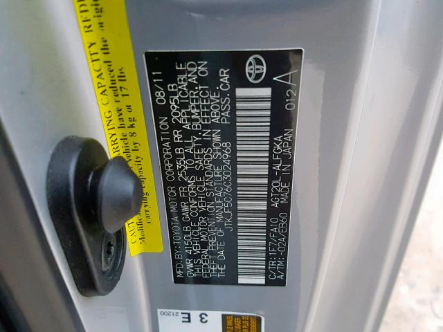 JTKJF5C76C3024968 - 2012 TOYOTA SCION TC SILVER photo 10