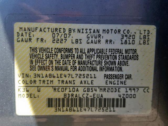 3N1AB61E47L725211 - 2007 NISSAN SENTRA 2.0 GRAY photo 10