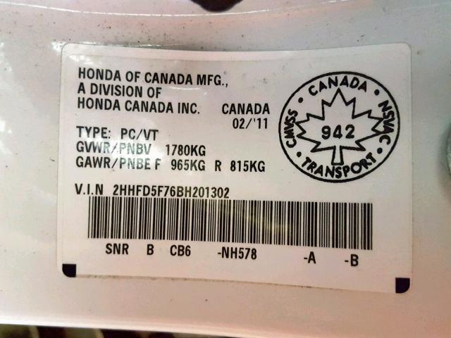 2HHFD5F76BH201302 - 2011 ACURA CSX TECHNO WHITE photo 10