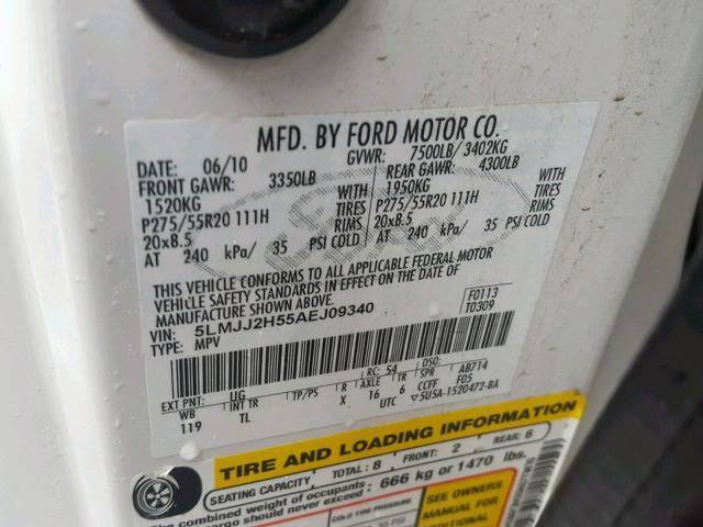 5LMJJ2H55AEJ09340 - 2010 LINCOLN NAVIGATOR WHITE photo 10