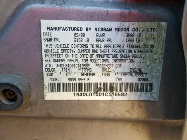 1N4DL01D01C118582 - 2001 NISSAN ALTIMA XE GRAY photo 10