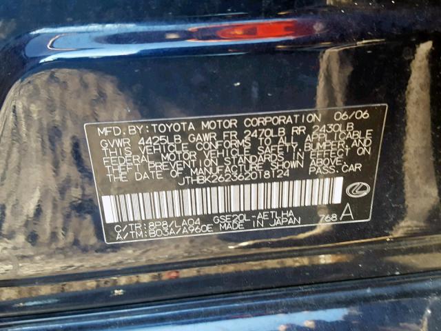 JTHBK262362018124 - 2006 LEXUS IS 250 BLACK photo 10