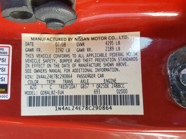 1N4AL24E78C290864 - 2008 NISSAN ALTIMA 2.5 RED photo 10