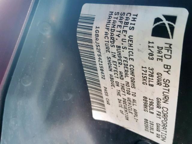 1G8AJ52F54Z150472 - 2004 SATURN ION LEVEL MAROON photo 10