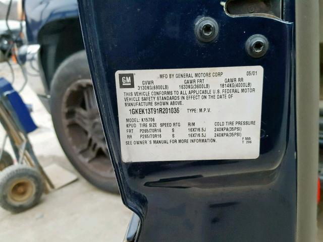 1GKEK13T91R201036 - 2001 GMC YUKON BLUE photo 10