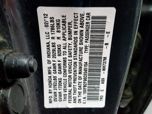 19XFB2F96CE045154 - 2012 HONDA CIVIC EXL GRAY photo 10