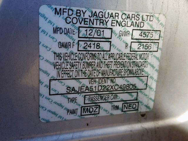 SAJEA51D22XC49805 - 2002 JAGUAR X-TYPE 2.5 SILVER photo 10