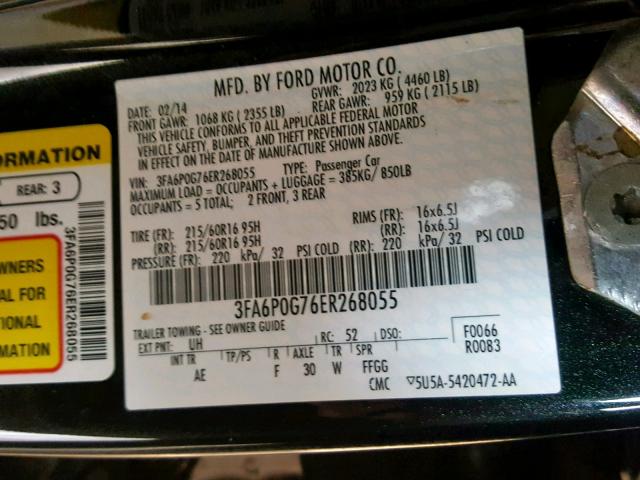 3FA6P0G76ER268055 - 2014 FORD FUSION S BLACK photo 10