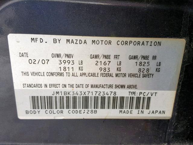 JM1BK343X71723478 - 2007 MAZDA 3 HATCHBAC GRAY photo 10