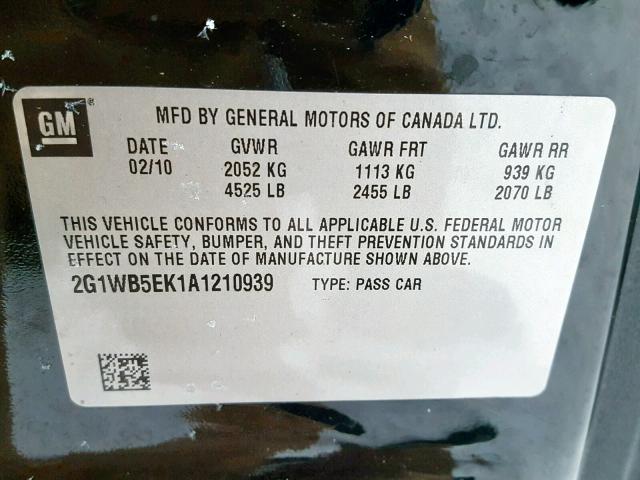 2G1WB5EK1A1210939 - 2010 CHEVROLET IMPALA LT BLACK photo 10